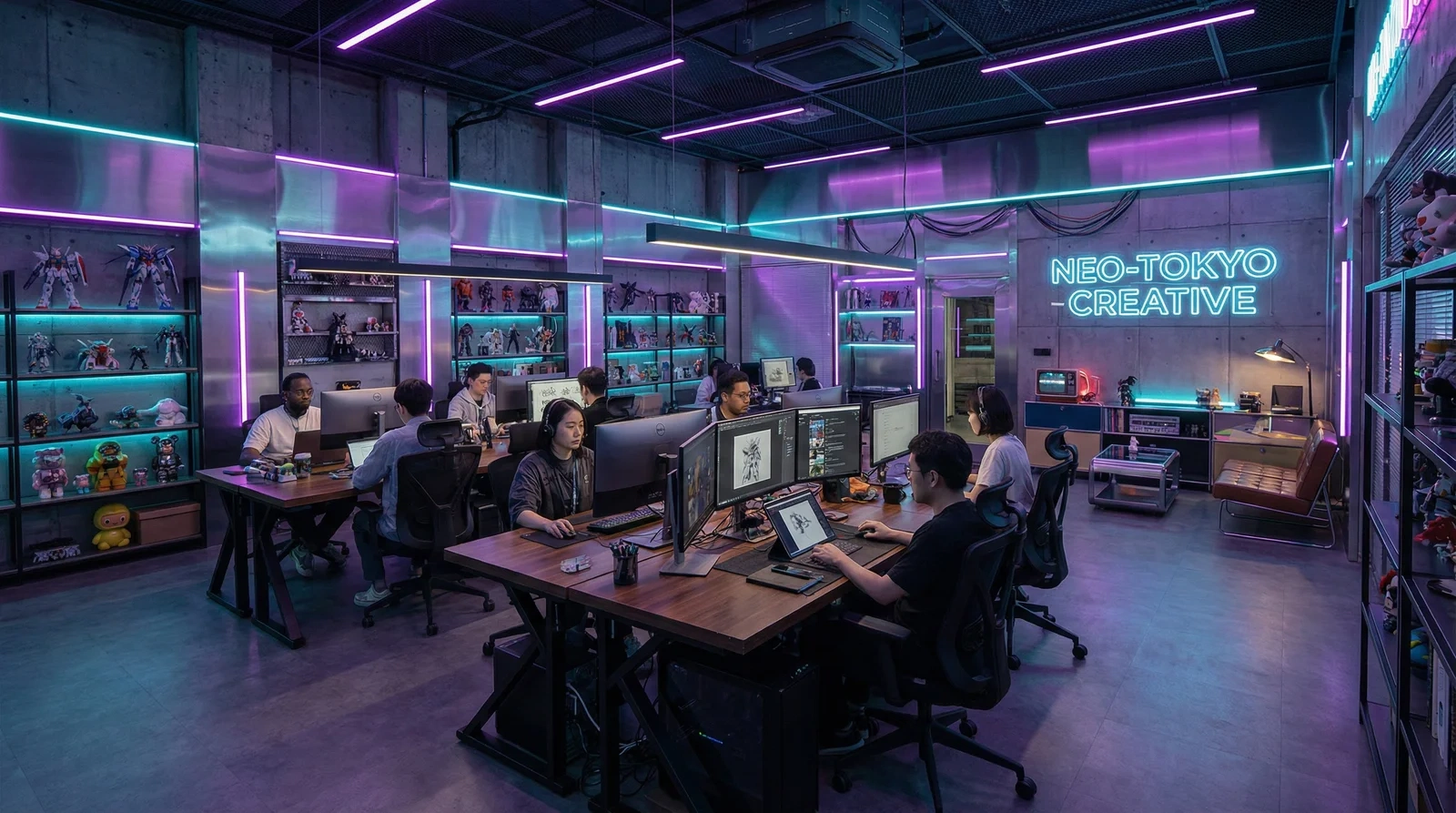 每日大赛官网入口团队在赛博朋克风格创意办公室中工作
